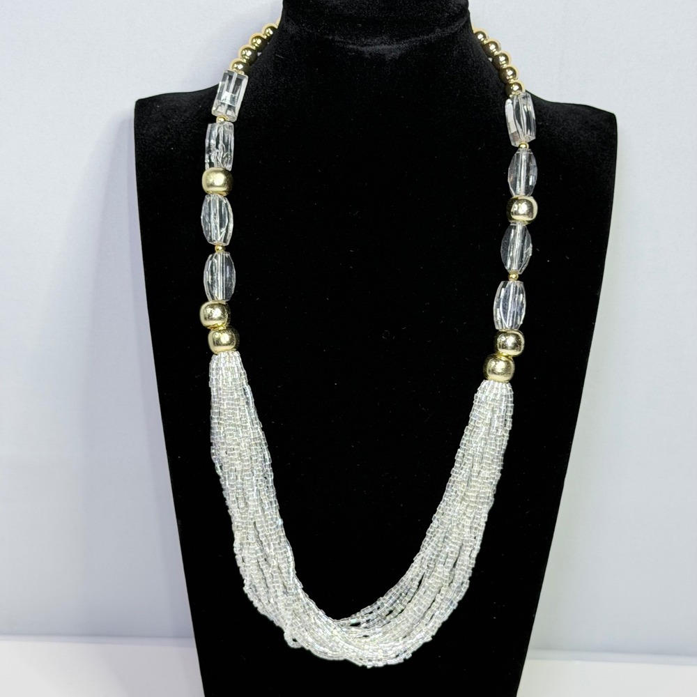 Vintage Multi Strand Iridescent White Seed‎ Bead Gold Tone Statement Necklace